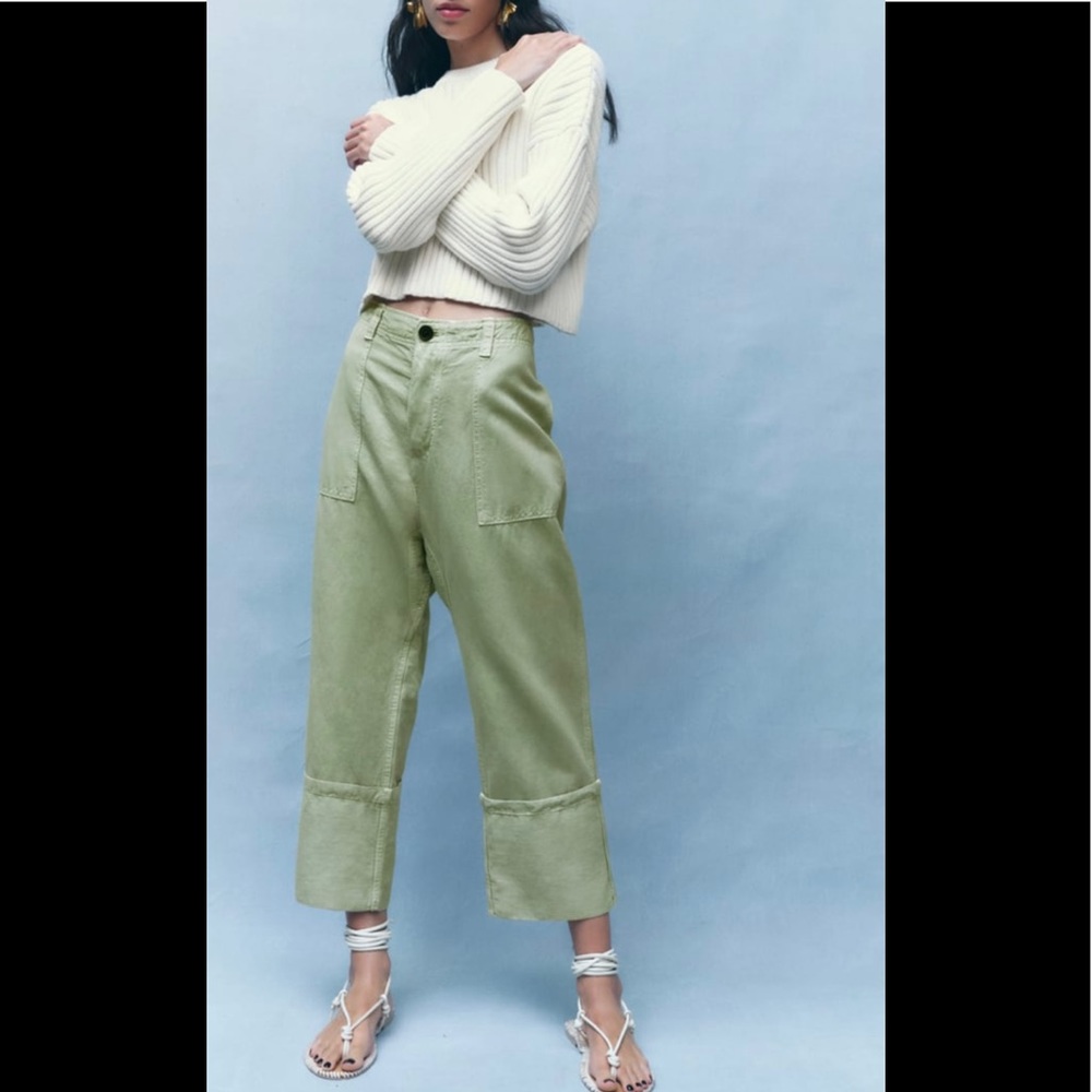ZARA LINEN BLEND TURNED UP CUFF PANTS